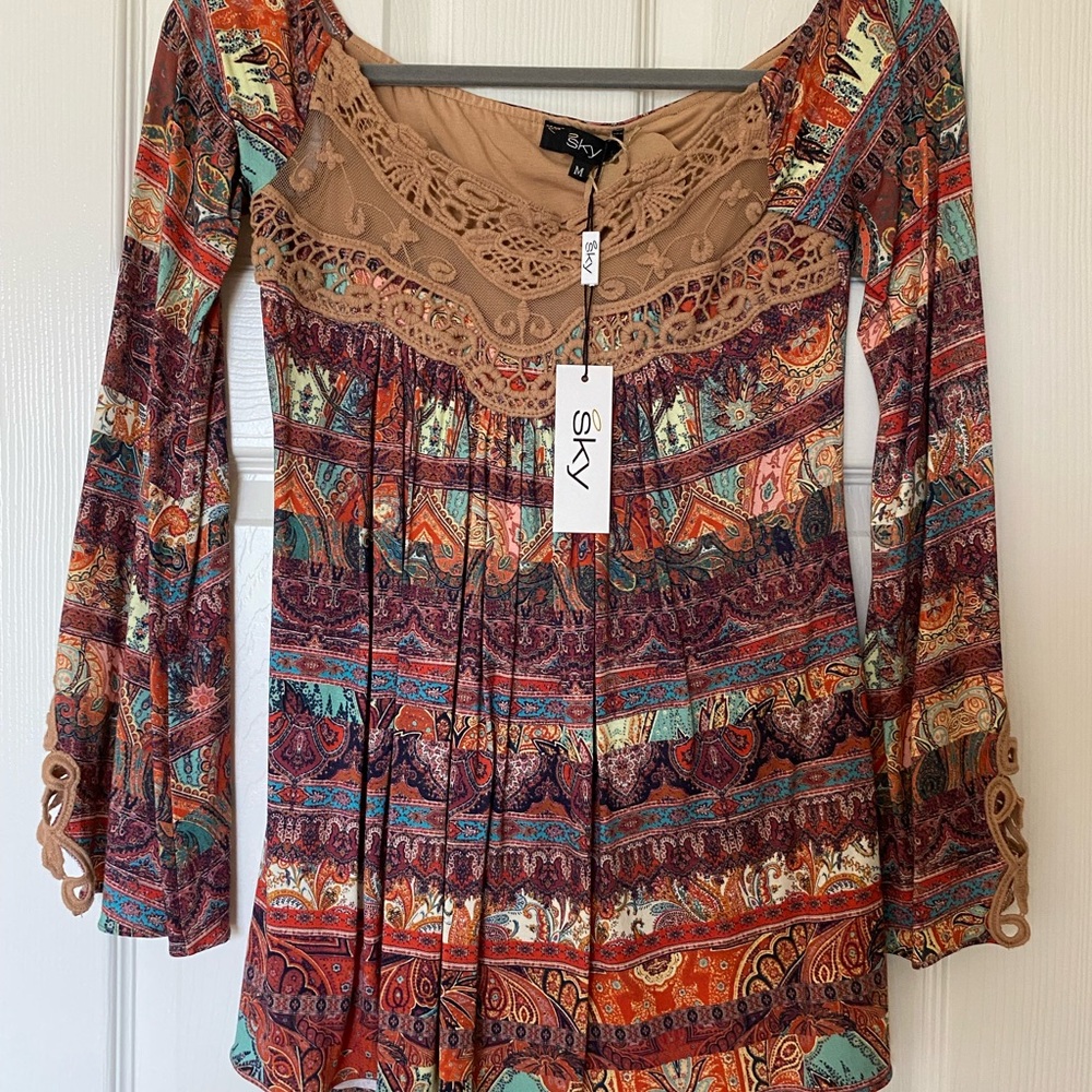 Sky Orange Red Pleated 3/4 Sleeve Blouse